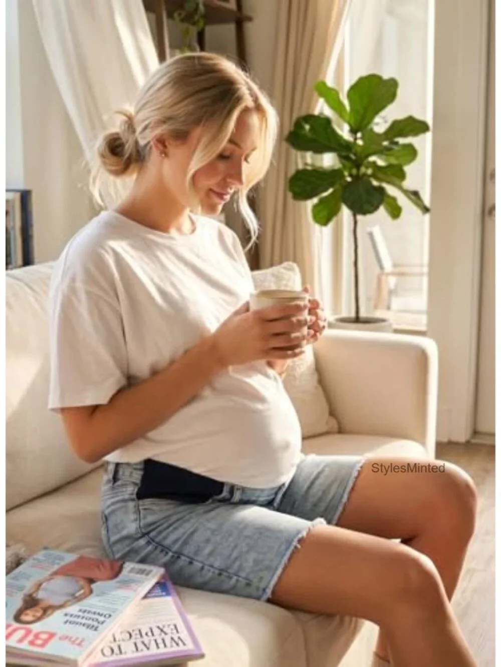 Maternity Denim Bermuda Shorts with Adjustable Elastic Waistband Raw Hem for